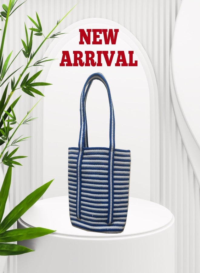 FIBREGOLD blue and white striped cotton tote bag | spacious shoulder handbag for women | multipurpose travel, beach, and shopping bag with long handles - Image 2